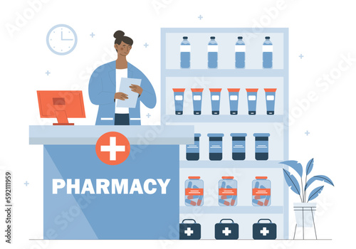 Pharmacist at workplace. Woman with notebook on background of drugs. Cashier with goods near cash register. Pharmacist ready to advise, sell medicines, vaccines. Cartoon flat vector illustration