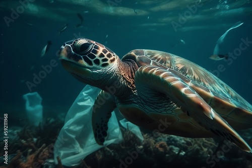 turtles swimming in the sea full of plastic generative ai