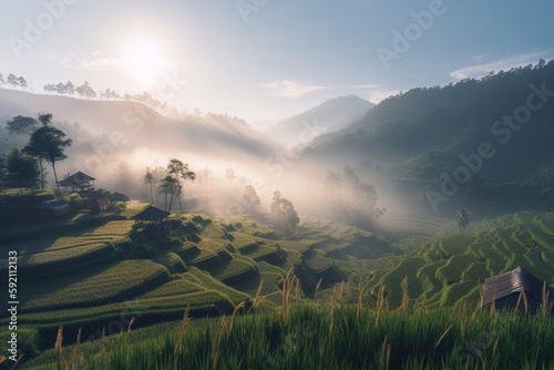 sunrise over the rice fields and hills