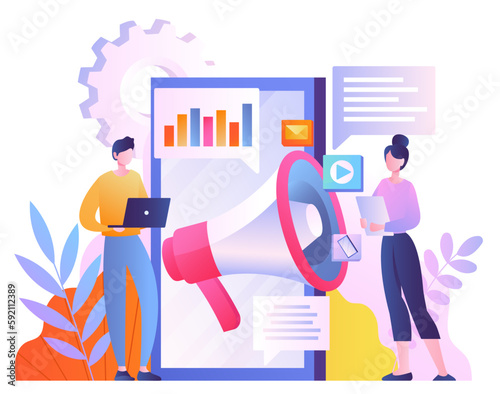 Pr managers concept. Man with laptop and woman near loudspeaker. Promotion of goods and company, brand building. Advertising and marketing. Cartoon flat vector illustration