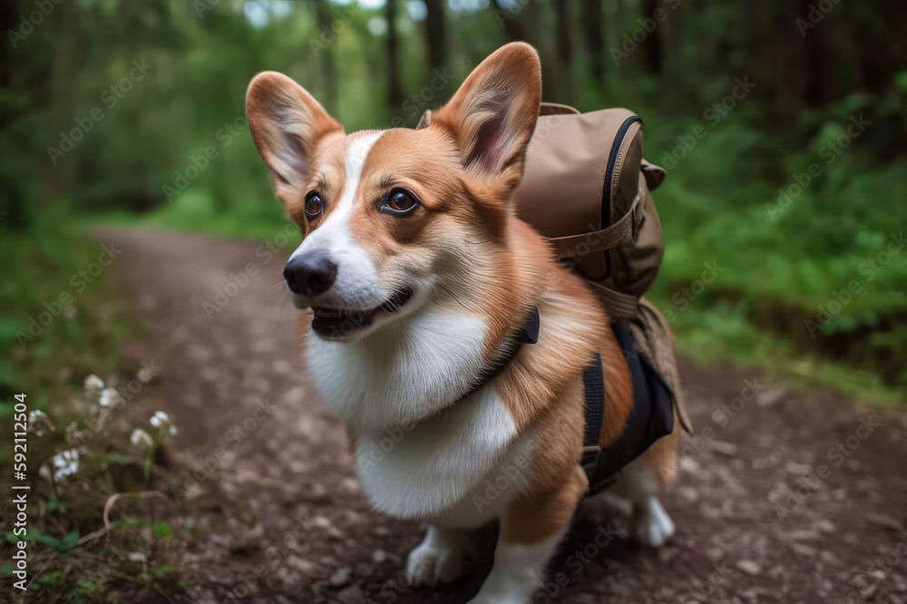 Traveler puppy Corgi with the backpack. Created using generative AI