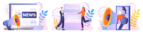 Press release set. Collection of scenes with marketers. Promotion of goods and companies on social networks and Internet, advertising. Cartoon flat vector illustrations isolated on white background