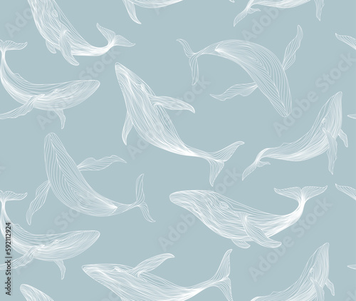 Blue art background with a pattern of whales hand drawn in art line style. Animal seamless pattern for wallpaper, decor, print, textile, fabric, interior design, packaging.