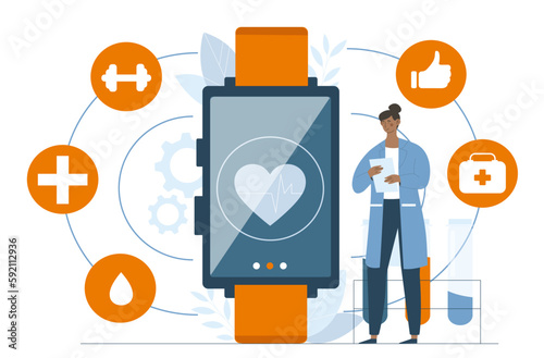 Doctor with smartwatch concept. Woman with notebook near smart watch. Gadget and device. Diagnosis and choice of treatment. Healthcare and check up. Cartoon flat vector illustration
