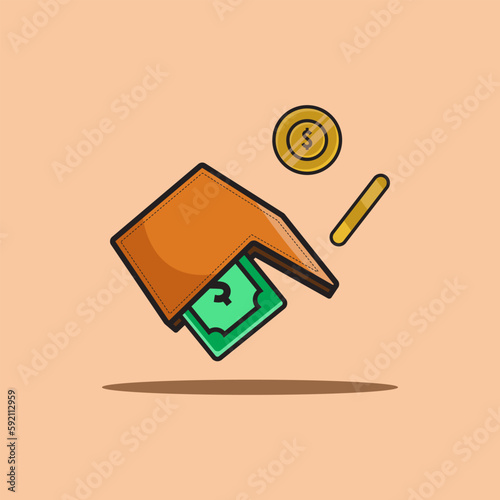 wallet icon with upside down with banknotes coming out of wallet concept. light yellow background, coin purse vector.