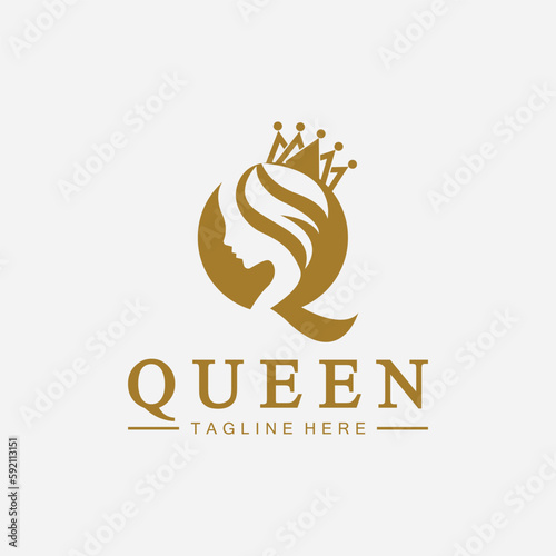 Beautiful face queen icon logo.for queen logo.Beauty woman hair salon golden logo. cosmetic  skin care business logo