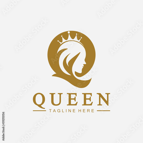 Beautiful face queen icon logo.for queen logo.Beauty woman hair salon golden logo. cosmetic, skin care business logo