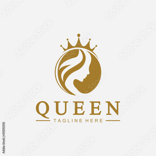 Beautiful face queen icon logo.for queen logo.Beauty woman hair salon golden logo. cosmetic, skin care business logo