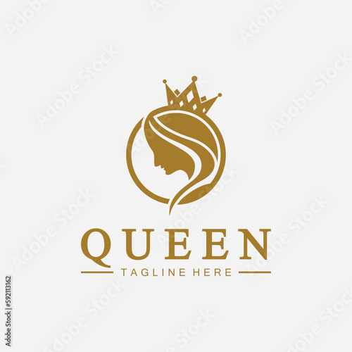Beautiful face queen icon logo.for queen logo.Beauty woman hair salon golden logo. cosmetic, skin care business logo