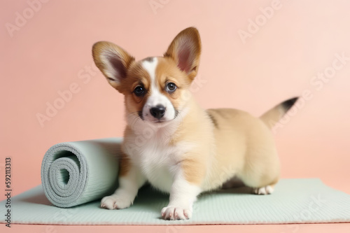 Cute Corgi puppy on yoga mat. Created using generative AI.