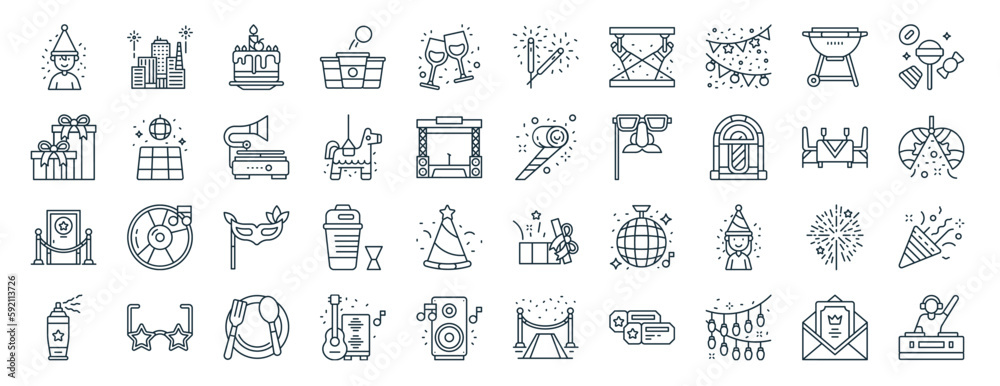 set of 40 outline web party icons such as city, present, vip room, spray, fine dining, candies, sparkler icons for report, presentation, diagram, web design, mobile app - obrazy, fototapety, plakaty 