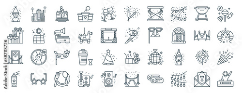 set of 40 outline web party icons such as city, present, vip room, spray, fine dining, candies, sparkler icons for report, presentation, diagram, web design, mobile app