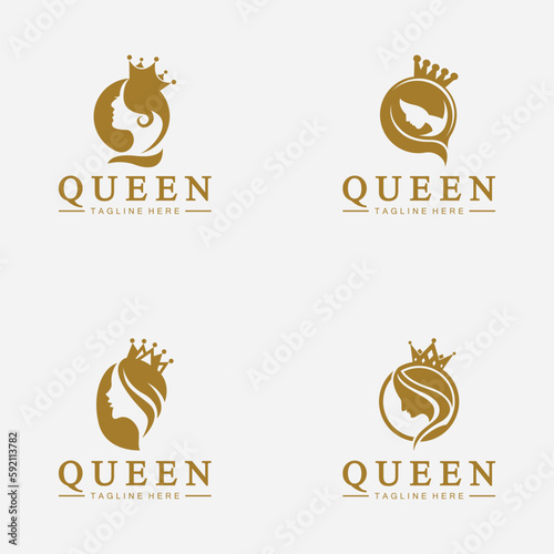 Beautiful face queen icon logo.for queen logo.Beauty woman hair salon golden logo. cosmetic, skin care business logo