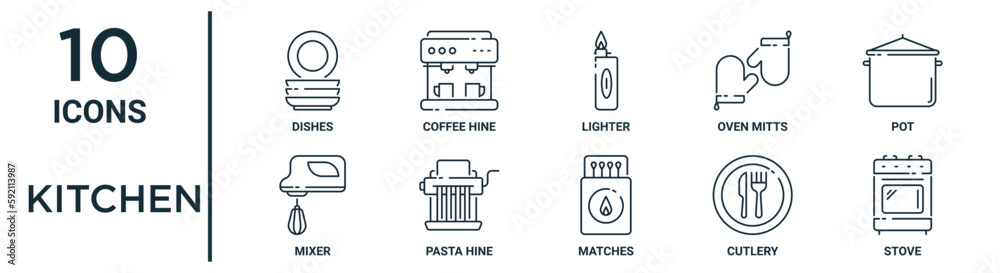 kitchen outline icon set includes thin line dishes, lighter, pot, pasta ...