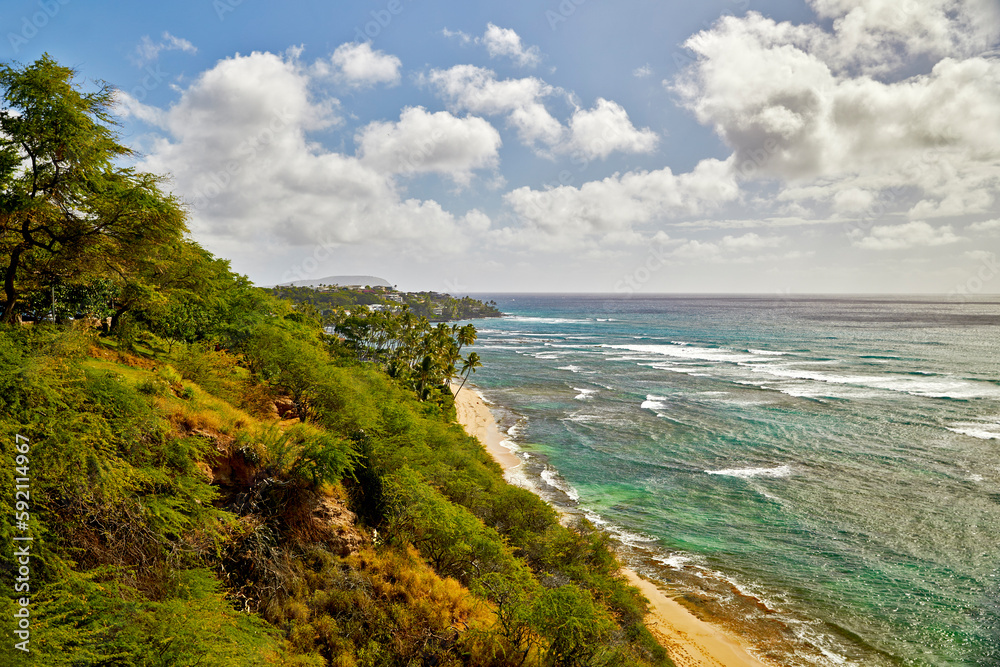 View of Oahu, Hawaii Coastline near Diamond Head Crater