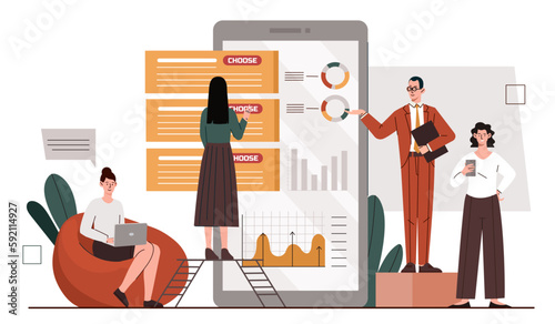 Design development concept. Men and women design interface elements for mobile programs and applications. Graphs, diagrams and charts. UI and UX design. Cartoon flat vector illustration