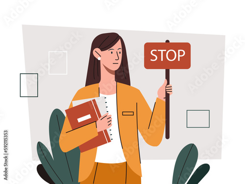 Woman with stop sign concept. Stop violence, young girl with book refuses, reject.
