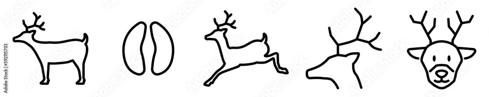 Conjunto de iconos de ciervo. Animal vertebrado. Venado, reno de navidad, rosto y huella de ciervo. Ilustración vectorial