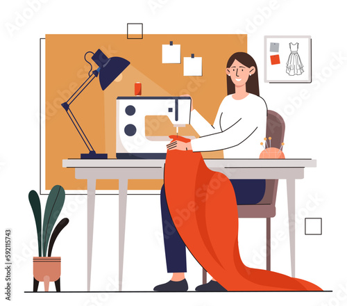 Sewing hobby concept. Woman sitting with sewing machine and red fabric. Tailor and atelier, seamstress.