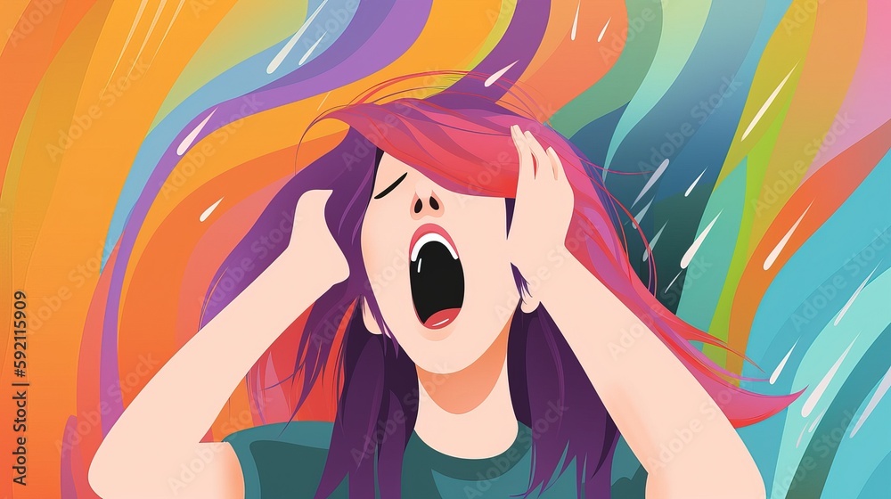 Young woman screaming into the air. Call for help. Emotional nervous breakdown. Mental health. Psychological pain. Cope with stress. Colorful hair flying. Generative AI.