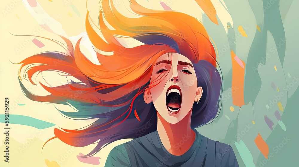 Obraz premium Young woman screaming into the air. Call for help. Emotional nervous breakdown. Mental health. Psychological pain. Cope with stress. Colorful hair flying. Generative AI.