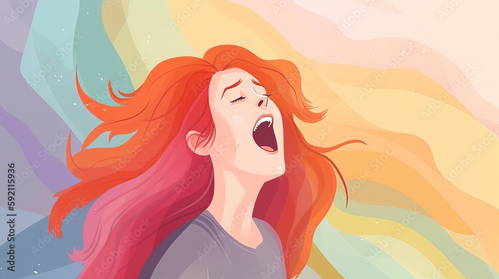 Young woman screaming into the air. Call for help. Emotional nervous breakdown. Mental health. Psychological pain. Cope with stress. Colorful hair flying. (Or woman singing). Generative AI.