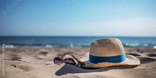 sunglasses with straw hat on the beach