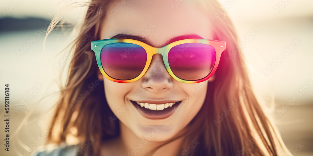Happy young woman in rainbow sunglasses relaxing on a tropical beach. Smiling girl with fashion sunglasses enjoying vacation, digital ai art Happy young woman in rainbow sunglasses relaxing on a tropical beach. Smiling girl with fashion sunglasses enjoying vacation, digital ai art