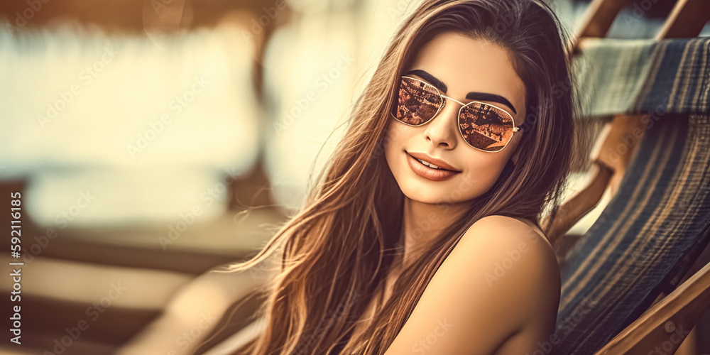 Happy young woman in sunglasses relaxing on wooden deck chair at tropical beach. Smiling girl with fashion sunglasses enjoying vacation, digital ai art