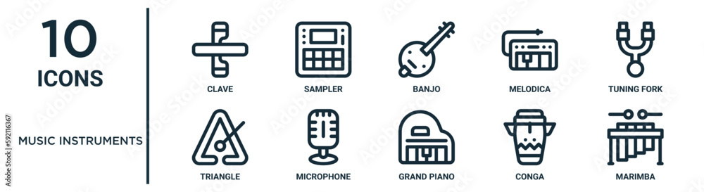 music instruments outline icon set includes thin line clave, banjo ...
