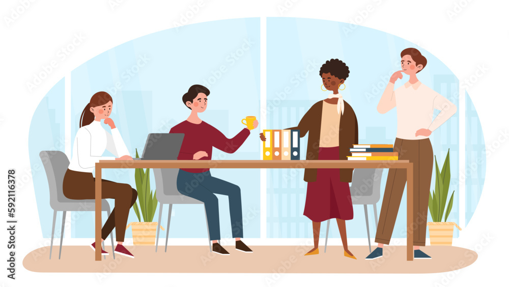 Business meeting concept. Man and women standing near table in office. Board of directors brainstorming and discuss. Collaboration and cooperation, partnership. Cartoon flat vector illustration Business meeting concept. Man and women standing near table in office. Board of directors brainstorming and discuss. Collaboration and cooperation, partnership. Cartoon flat vector illustration