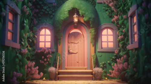 Enchanted fairy tale forest with magical window in hollow of fantasy pink pine tree elf house