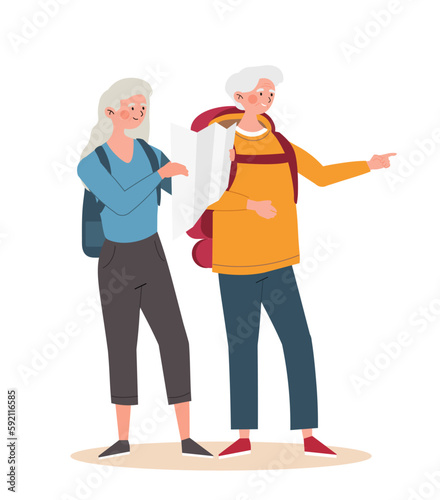 Elderly tourists concept. Grandmother with map and grandfather with backpack looking for way. Travel and adventure. Tourists on hike, active lifestyle and camping. Cartoon flat vector illustration
