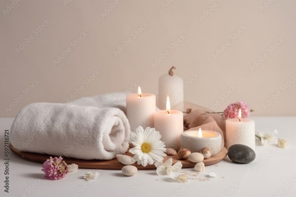 spa setting with candles and flower