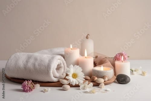 spa setting with candles and flower