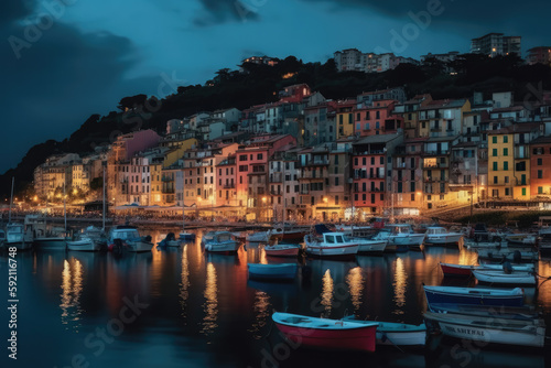 Mystic landscape of the harbor with colorful houses and the boats in Porto Venero, Italy, Liguria in the evening in the light of lanterns created with Generative AI technology © Robert Herhold