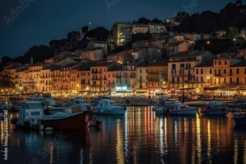 Mystic landscape of the harbor with colorful houses and the boats in Porto Venero, Italy, Liguria in the evening in the light of lanterns created with Generative AI technology