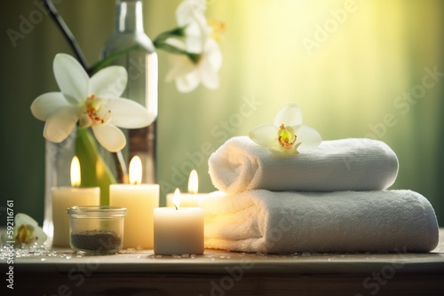 essential oil with candle and flower on the table