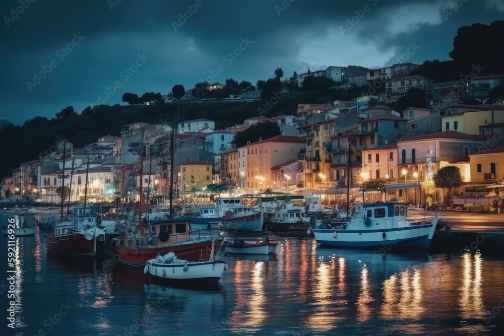 Mystic landscape of the harbor with colorful houses and the boats in Porto Venero, Italy, Liguria in the evening in the light of lanterns created with Generative AI technology