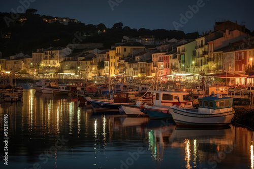 Mystic landscape of the harbor with colorful houses and the boats in Porto Venero, Italy, Liguria in the evening in the light of lanterns created with Generative AI technology