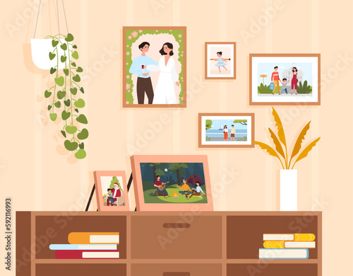 Memory photography concept. Closet with family photos, travel and adventure. Wedding, parents take child to school. Night picnic and camping, summer vacation. Cartoon flat vector illustration