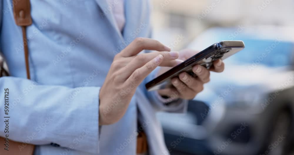 Phone, city and closeup of hands typing a text message, networking on social media or the internet. Technology, browsing and woman browsing on a mobile app with a cellphone in an urban town street. Phone, city and closeup of hands typing a text message, networking on social media or the internet. Technology, browsing and woman browsing on a mobile app with a cellphone in an urban town street.