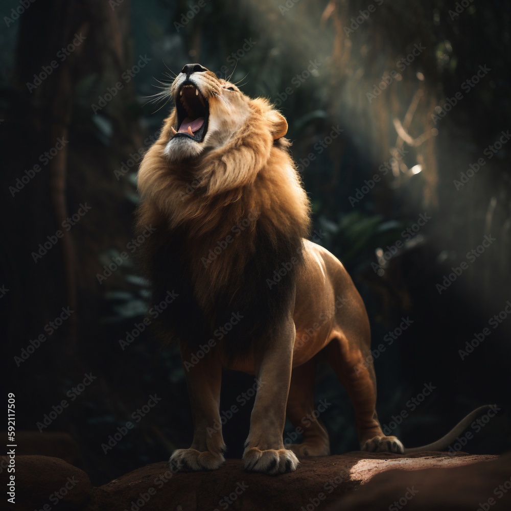 Naklejka premium portrait of a lion roars on the forest