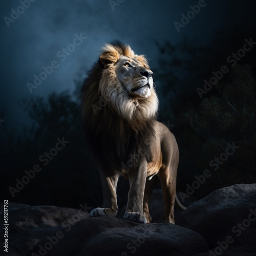 portrait of a lion standing on stone at night