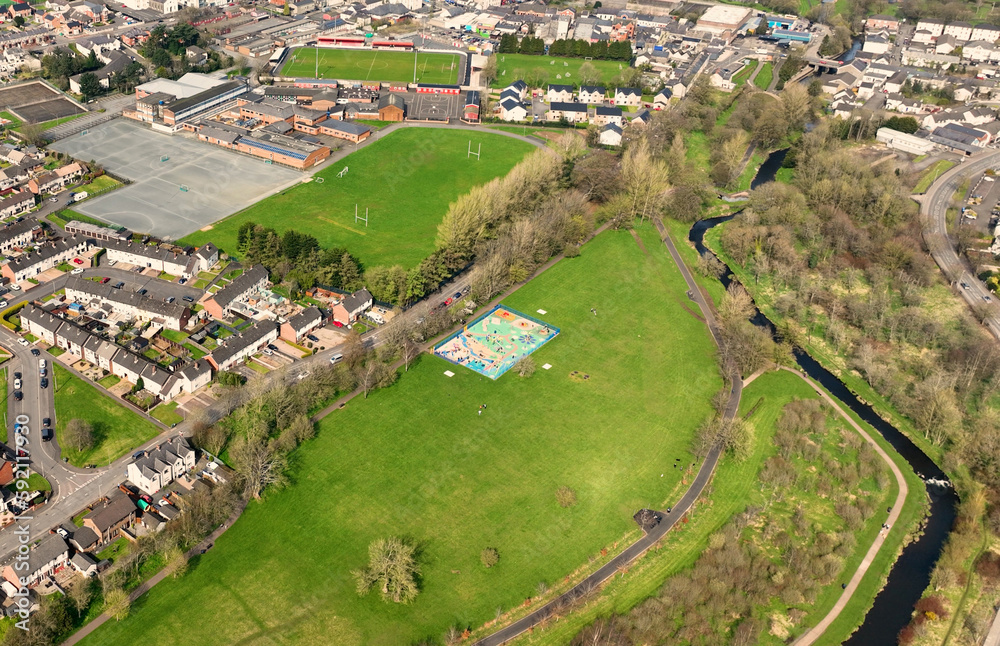 Aerial view of Sixmilewater Park Ballyclare Town Centre Co Antrim Northern Ireland