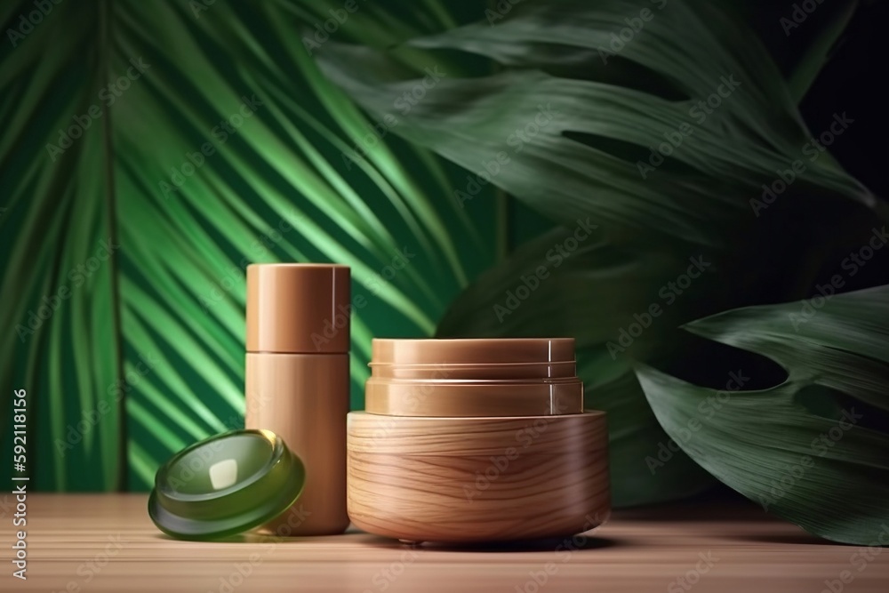 cosmetic product display with tropical leaf background