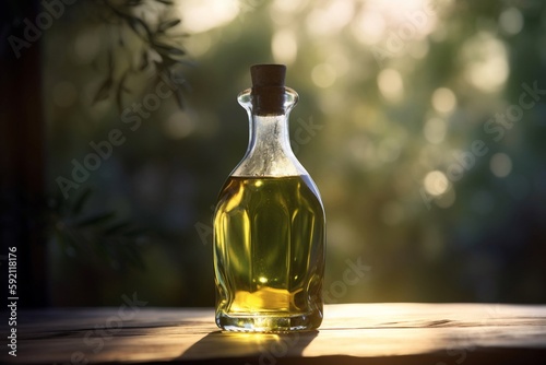 a bottle of olive oil  on the table