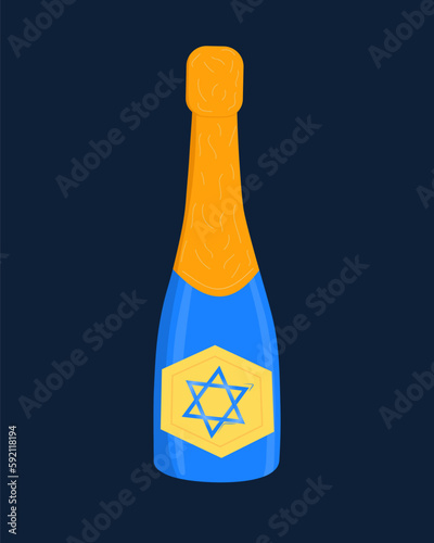 Hanukkah bottle concept. Alcoholic drink, wine or champagne with traditional Israeli symbol, star of david. Sticker for social networks and messengers. Cartoon flat vector illustration