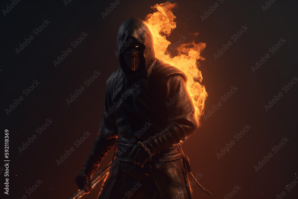 person in ninja fire sword, fighting shadow, Generative AI	