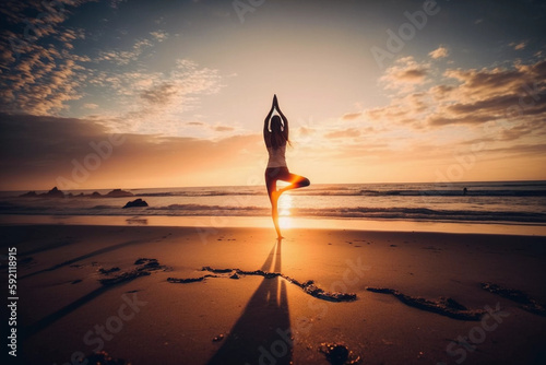 a women does yoga on the beach at sunrise / sunset, generative AI